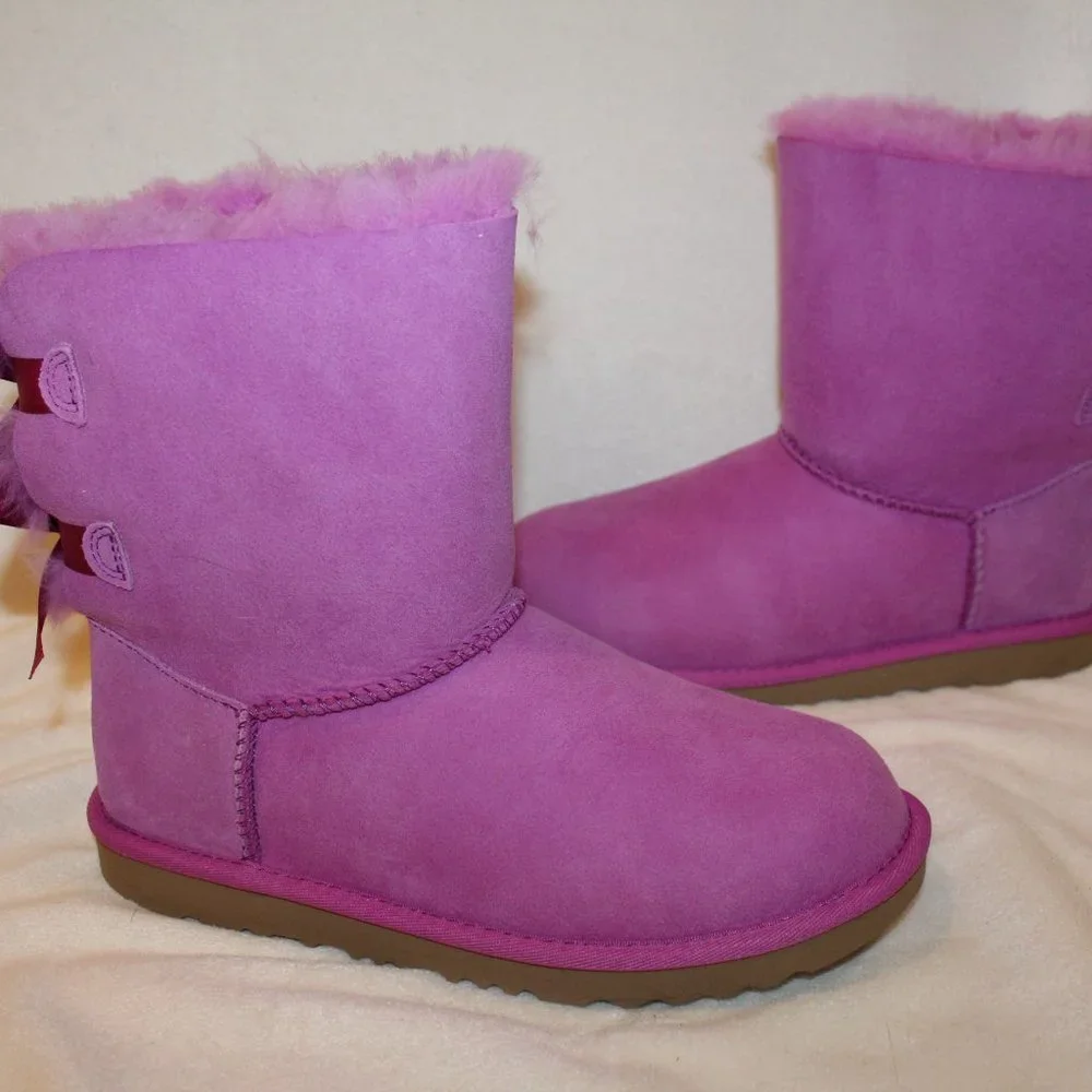 NIB UGG‎ YOUTH 5 6 WOMENS 7 8 BAILEY BOW CLASSIC SHORT SUEDE SHEARLING BOOTS